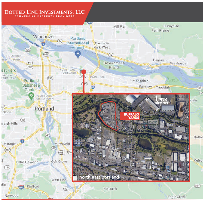Buffalo Yards location map showing proximity to PDX, I-5, and I-205